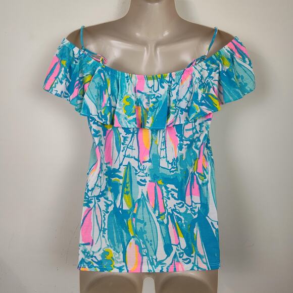 Lilly Pulitzer Top Womens XXS Blue Pink Off Shoulder Ruffle Surfboard Print Boho - Picture 8 of 16